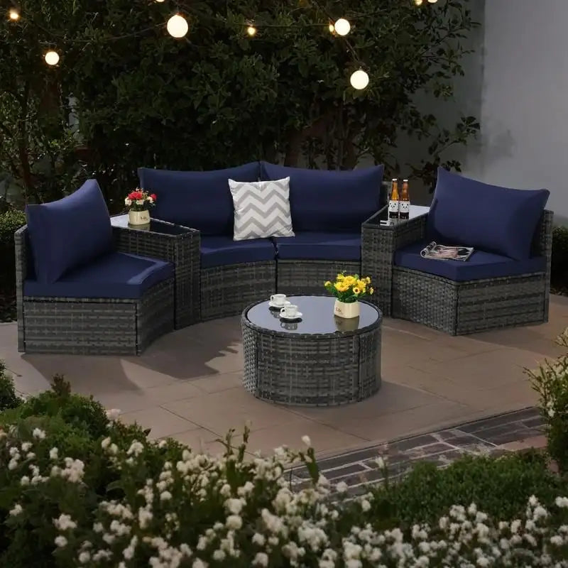 Ensemble de canapé d'angle demi-lune 7 pièces pour terrasse avec table basse en verre trempé