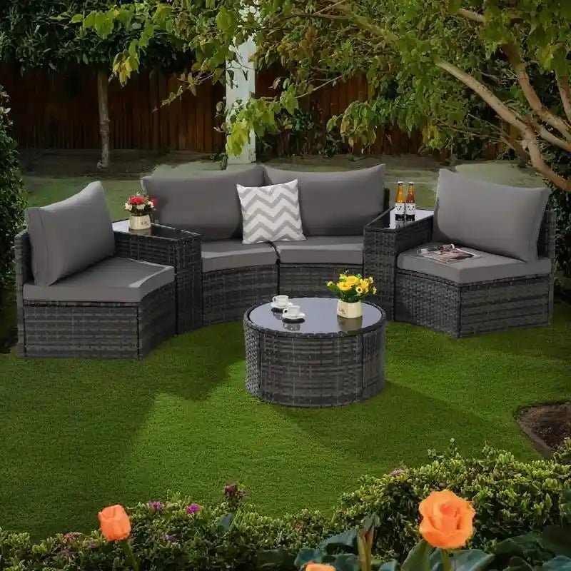 Ensemble de canapé d'angle demi-lune 7 pièces pour terrasse avec table basse en verre trempé