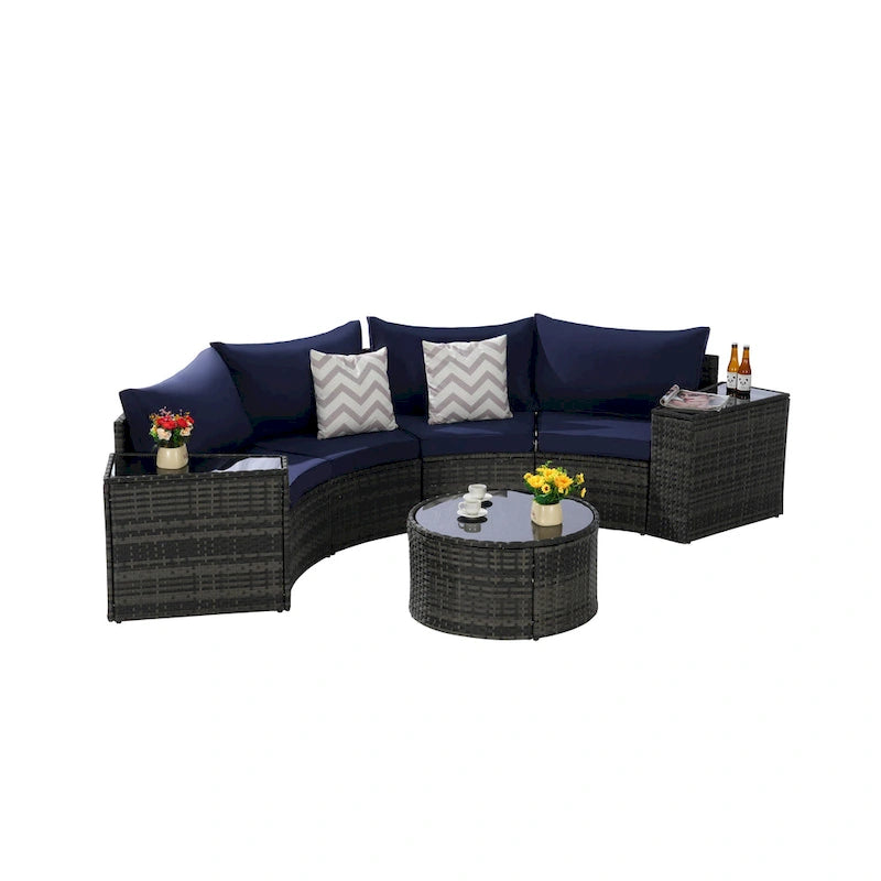 Ensemble de canapé d'angle demi-lune 7 pièces pour terrasse avec table basse en verre trempé