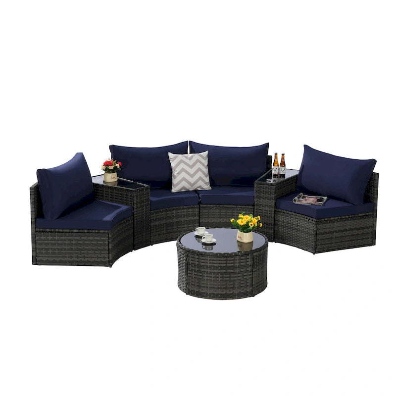 Ensemble de canapé d'angle demi-lune 7 pièces pour terrasse avec table basse en verre trempé