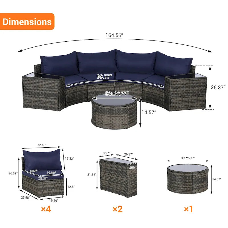 Ensemble de canapé d'angle demi-lune 7 pièces pour terrasse avec table basse en verre trempé