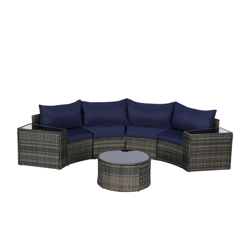 Ensemble de canapé d'angle demi-lune 7 pièces pour terrasse avec table basse en verre trempé