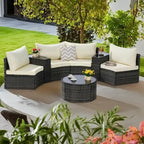 Ensemble de canapé d'angle demi-lune 7 pièces pour terrasse avec table basse en verre trempé