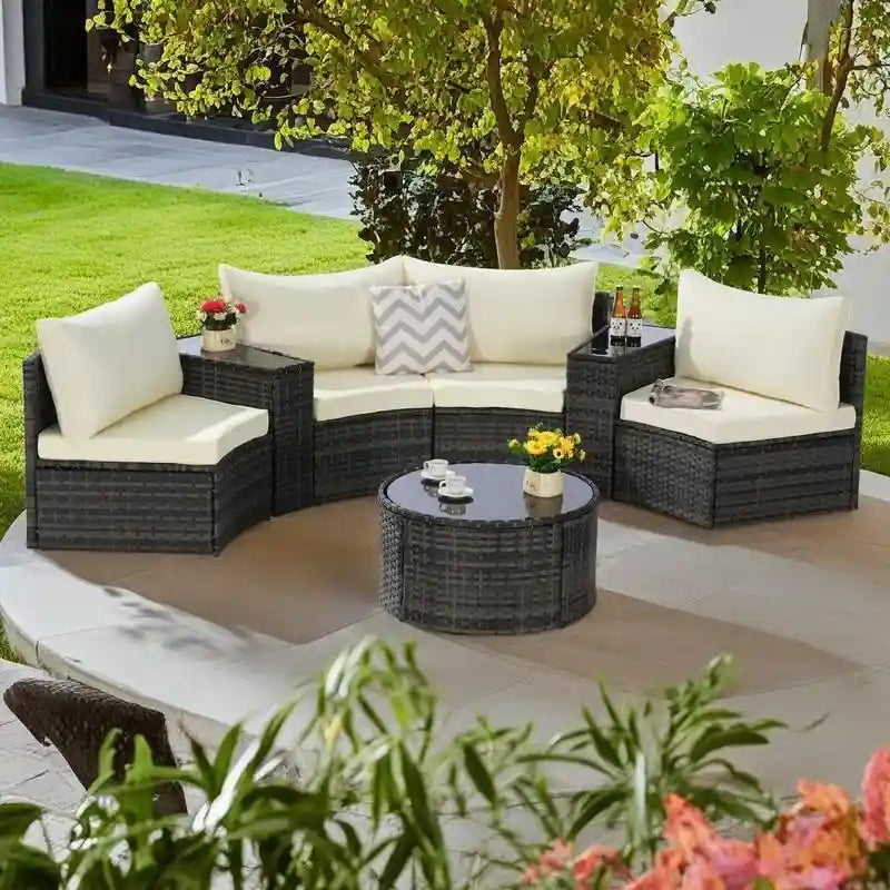 Ensemble de canapé d'angle demi-lune 7 pièces pour terrasse avec table basse en verre trempé