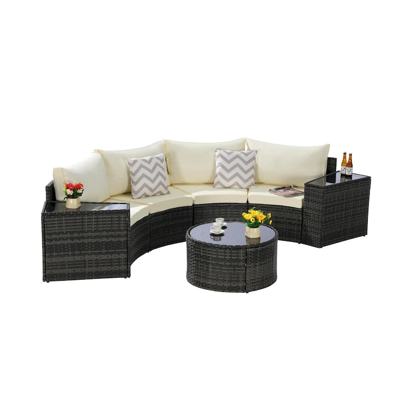 Ensemble de canapé d'angle demi-lune 7 pièces pour terrasse avec table basse en verre trempé