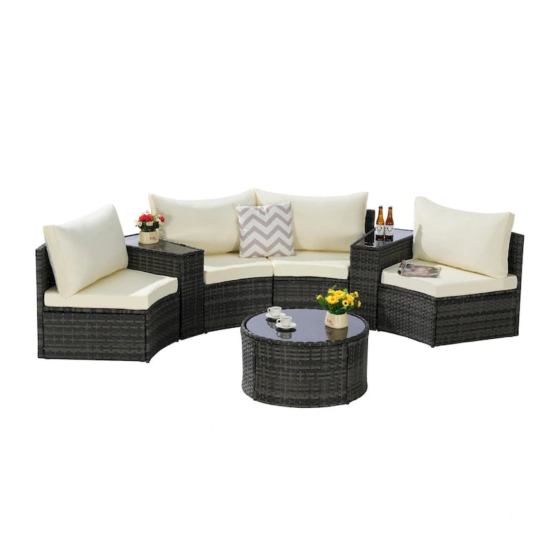 Ensemble de canapé d'angle demi-lune 7 pièces pour terrasse avec table basse en verre trempé