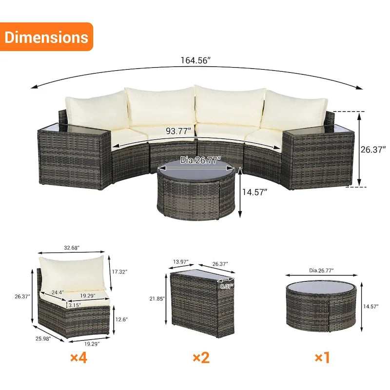 Ensemble de canapé d'angle demi-lune 7 pièces pour terrasse avec table basse en verre trempé