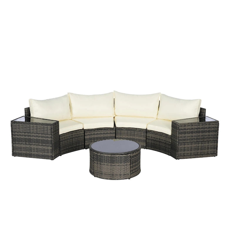 Ensemble de canapé d'angle demi-lune 7 pièces pour terrasse avec table basse en verre trempé