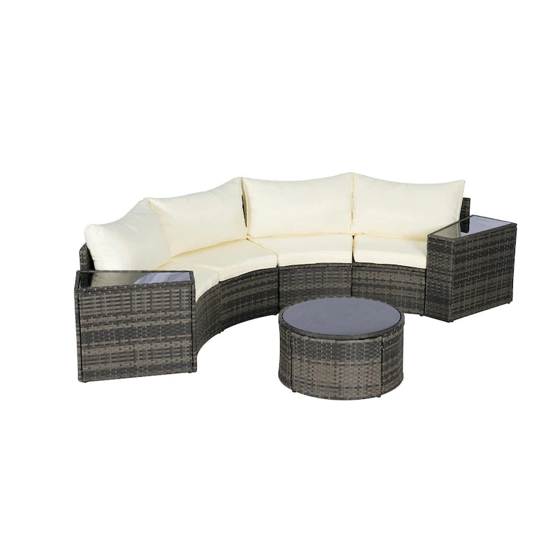 Ensemble de canapé d'angle demi-lune 7 pièces pour terrasse avec table basse en verre trempé