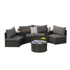 Ensemble de canapé d'angle demi-lune 7 pièces pour terrasse avec table basse en verre trempé