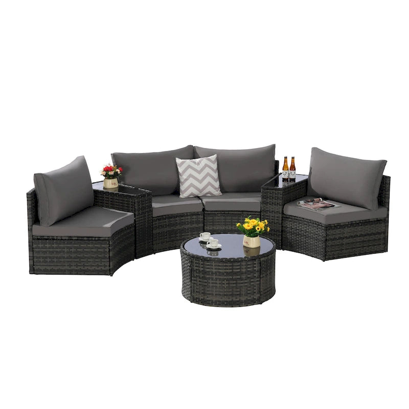 Ensemble de canapé d'angle demi-lune 7 pièces pour terrasse avec table basse en verre trempé