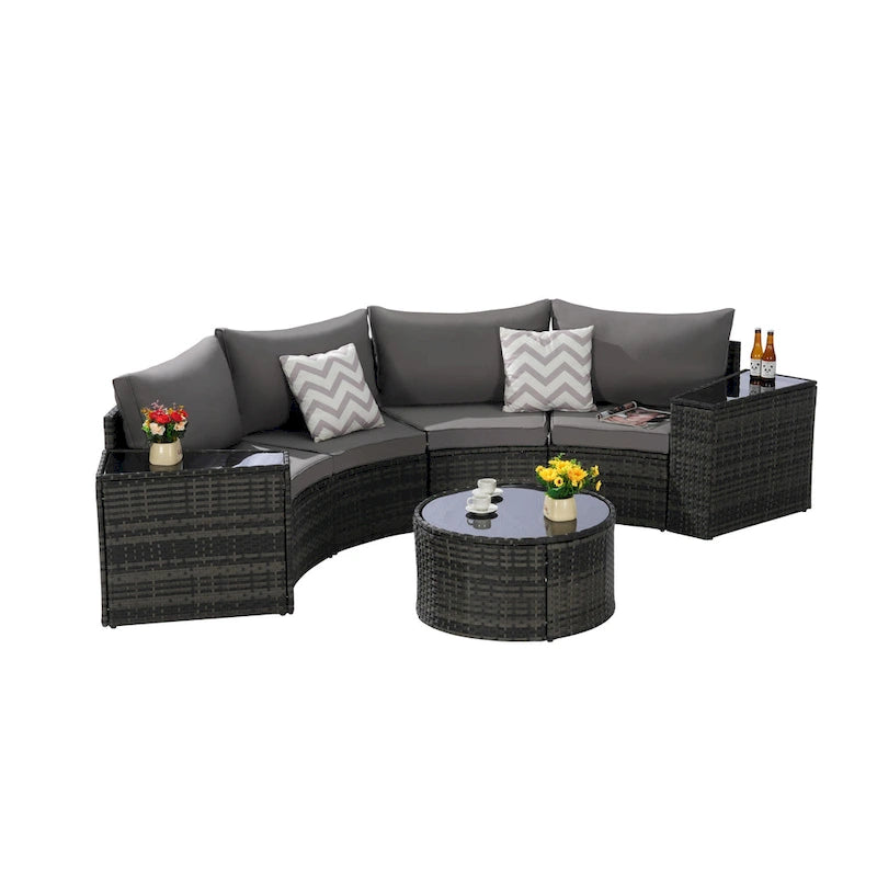 Ensemble de canapé d'angle demi-lune 7 pièces pour terrasse avec table basse en verre trempé