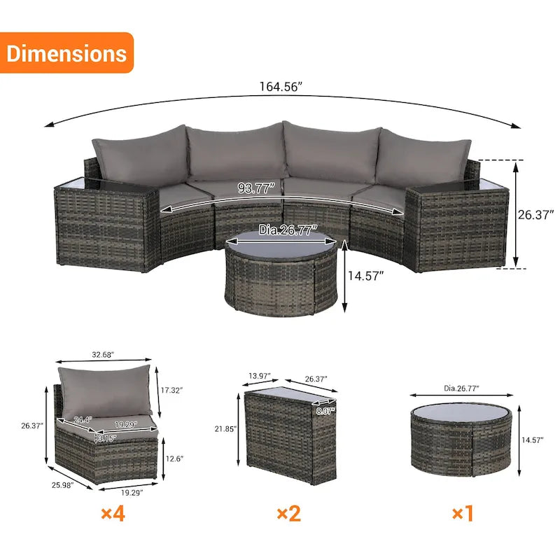 Ensemble de canapé d'angle demi-lune 7 pièces pour terrasse avec table basse en verre trempé