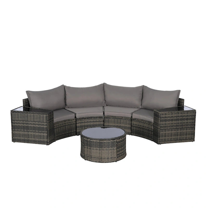 Ensemble de canapé d'angle demi-lune 7 pièces pour terrasse avec table basse en verre trempé