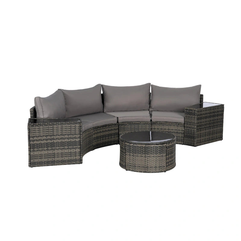 Ensemble de canapé d'angle demi-lune 7 pièces pour terrasse avec table basse en verre trempé