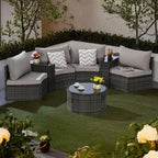 Ensemble de canapé d'angle demi-lune 7 pièces pour terrasse avec table basse en verre trempé
