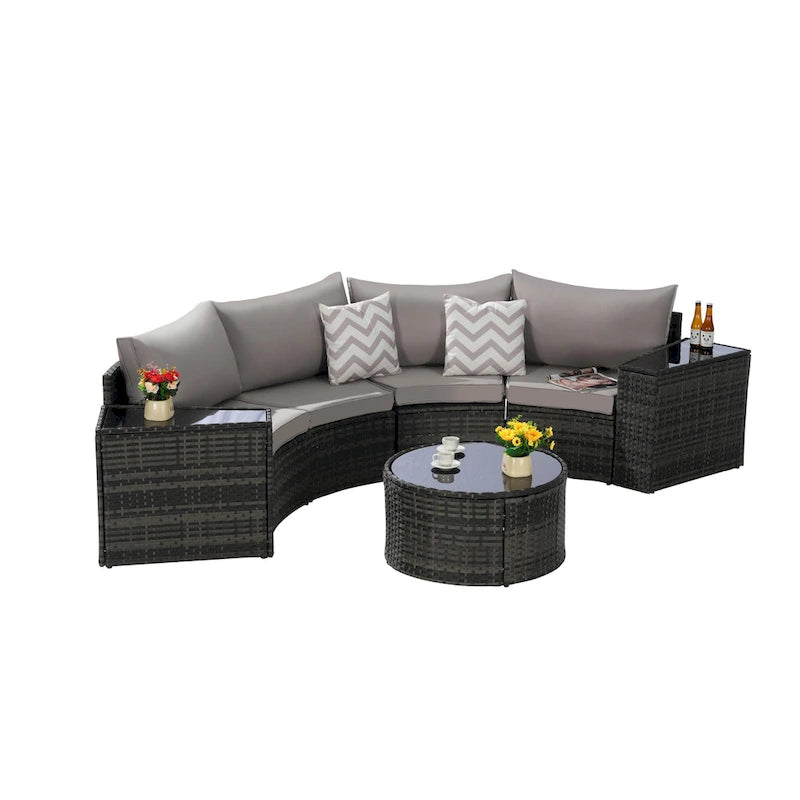 Ensemble de canapé d'angle demi-lune 7 pièces pour terrasse avec table basse en verre trempé