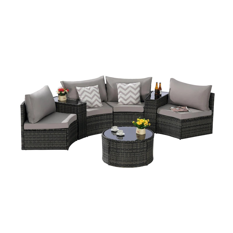 Ensemble de canapé d'angle demi-lune 7 pièces pour terrasse avec table basse en verre trempé