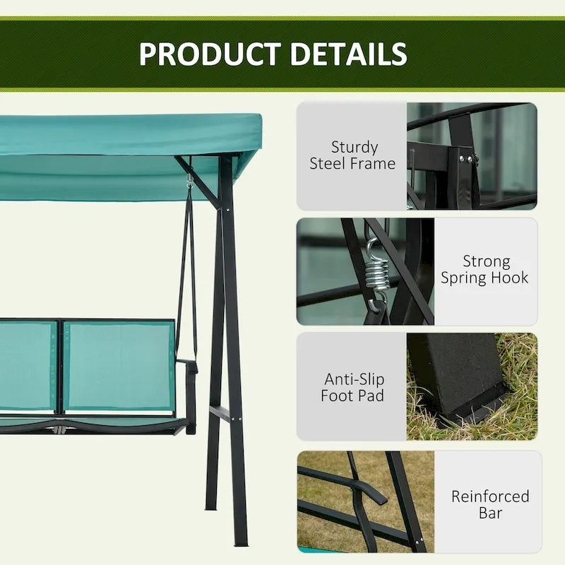 Balançoire de patio Outsunny pour 2 personnes avec auvent, balançoire d'extérieur avec auvent réglable, sièges en maille respirante et structure en acier