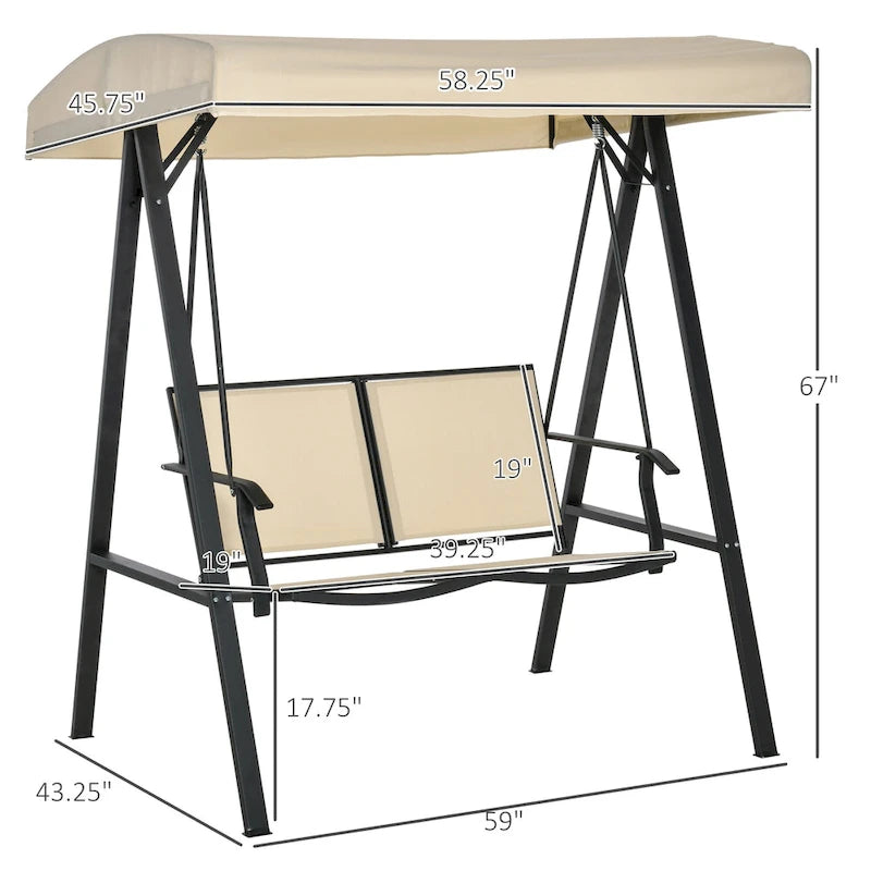 Balançoire de patio Outsunny pour 2 personnes avec auvent, balançoire d'extérieur avec auvent réglable, sièges en maille respirante et structure en acier