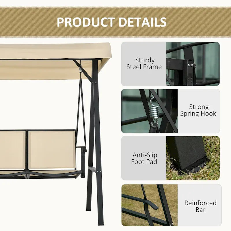 Balançoire de patio Outsunny pour 2 personnes avec auvent, balançoire d'extérieur avec auvent réglable, sièges en maille respirante et structure en acier
