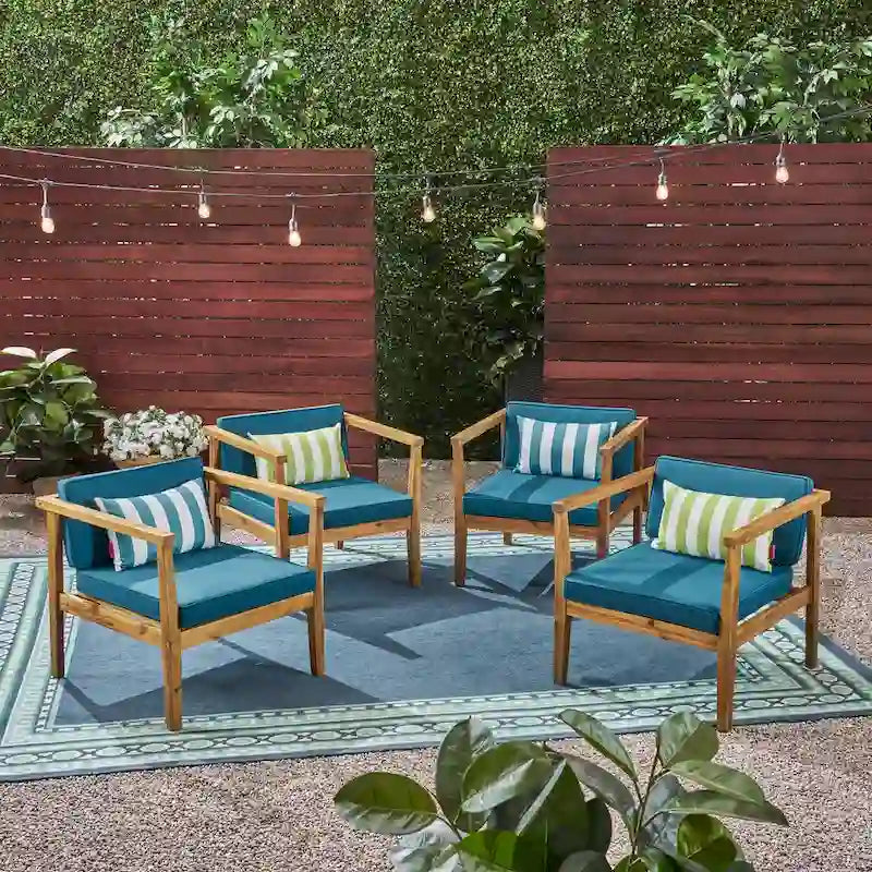 Fauteuils club d'extérieur Newbury en bois d'acacia avec coussins résistants à l'eau (lot de 4) par Christopher Knight Home