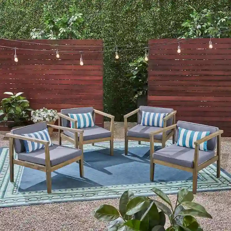 Fauteuils club d'extérieur Newbury en bois d'acacia avec coussins résistants à l'eau (lot de 4) par Christopher Knight Home