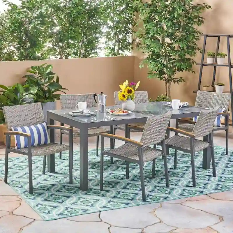 Ensemble de salle à manger d'extérieur Luton en aluminium 7 pièces avec plateau en verre par Christopher Knight Home