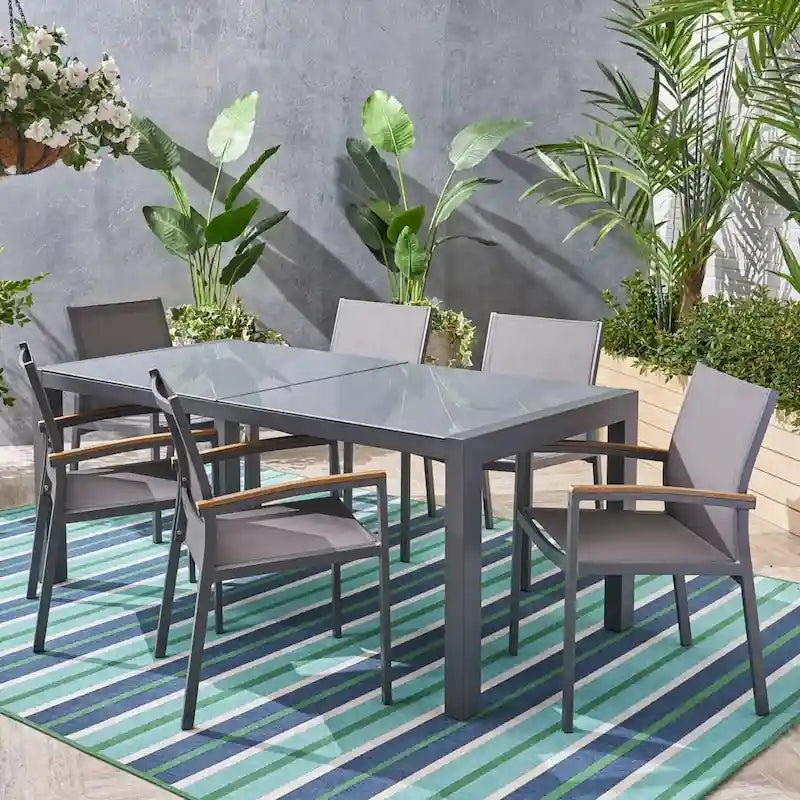 Ensemble de salle à manger d'extérieur Luton en aluminium 7 pièces avec plateau en verre par Christopher Knight Home