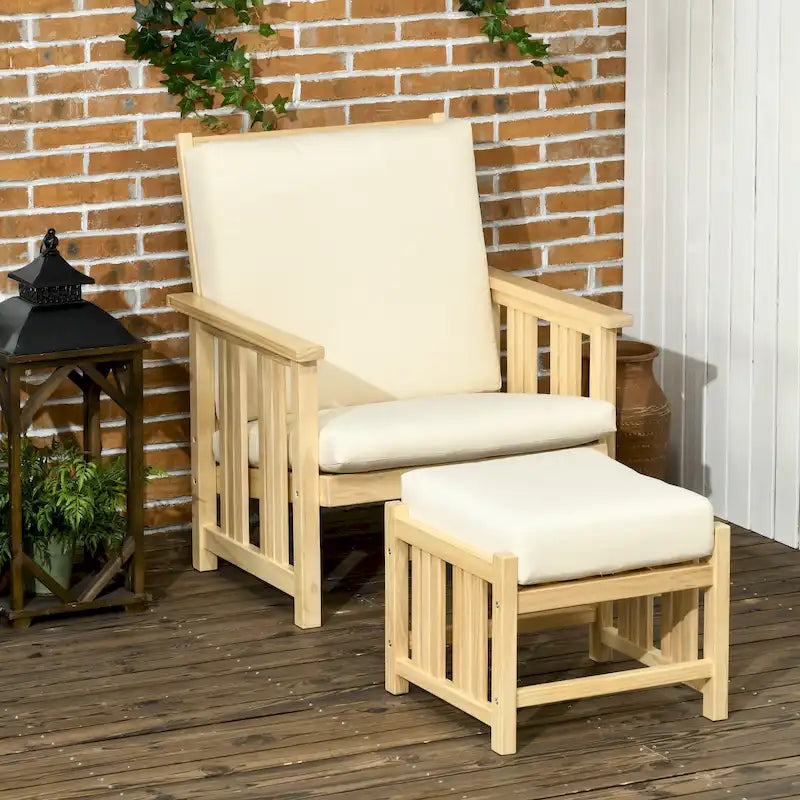 Ensemble de mobilier de jardin Outsunny 2 pièces, ensemble de chaises longues en bois, fauteuil avec repose-pieds et coussins épais