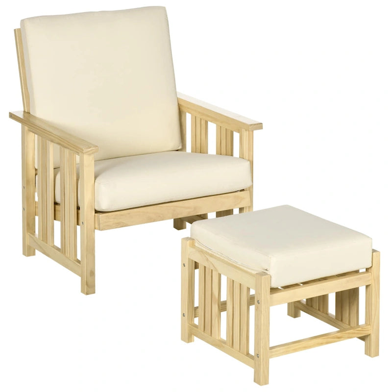 Ensemble de mobilier de jardin Outsunny 2 pièces, ensemble de chaises longues en bois, fauteuil avec repose-pieds et coussins épais