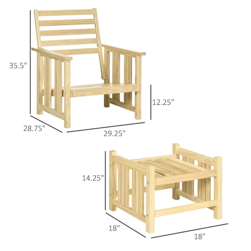 Ensemble de mobilier de jardin Outsunny 2 pièces, ensemble de chaises longues en bois, fauteuil avec repose-pieds et coussins épais