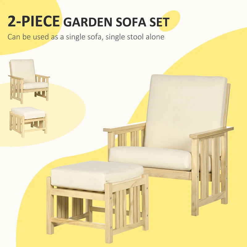 Ensemble de mobilier de jardin Outsunny 2 pièces, ensemble de chaises longues en bois, fauteuil avec repose-pieds et coussins épais