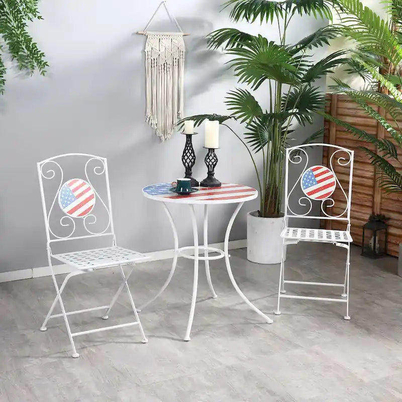Outsunny 3 Piece Patio Bistro Set with Coffee Table and 2 Folding Chairs, Mosaic American Flag Tabletop and Backs