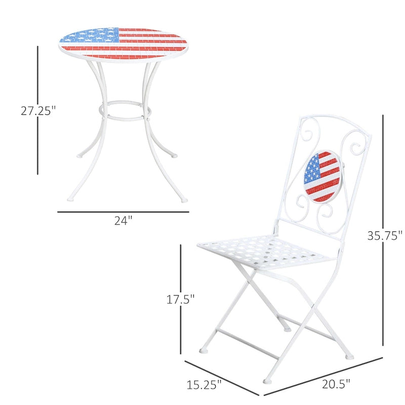 Ensemble bistro de patio Outsunny 3 pièces avec table basse et 2 chaises pliantes, plateau et dossiers de table en mosaïque avec drapeau américain