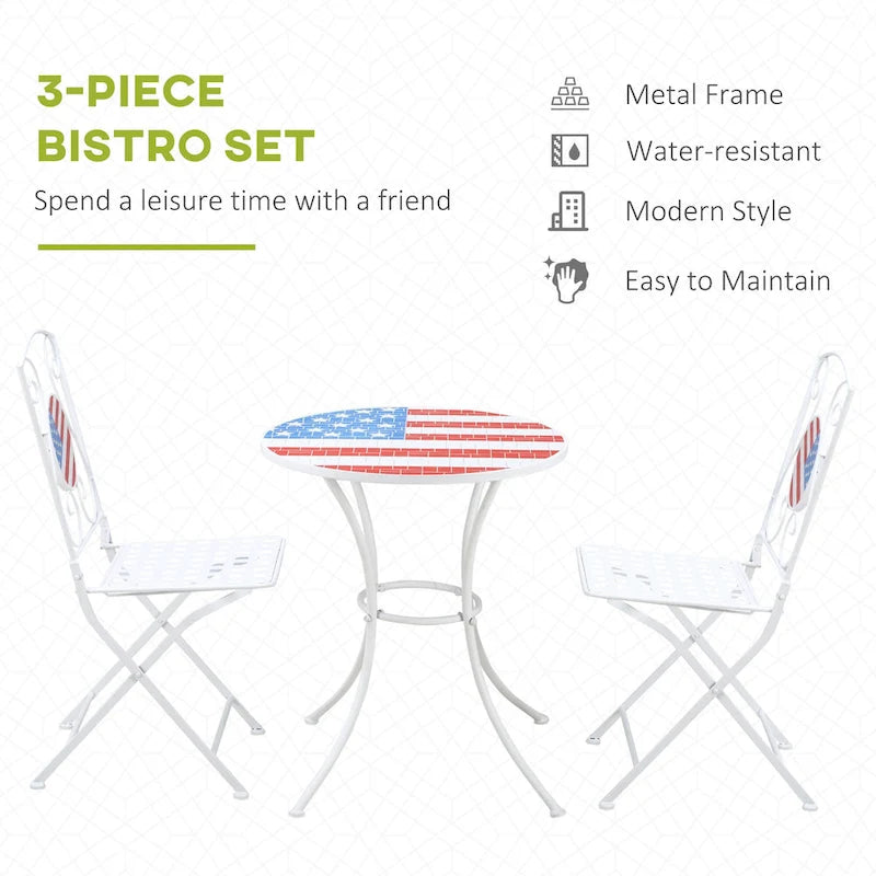 Ensemble bistro de patio Outsunny 3 pièces avec table basse et 2 chaises pliantes, plateau et dossiers de table en mosaïque avec drapeau américain