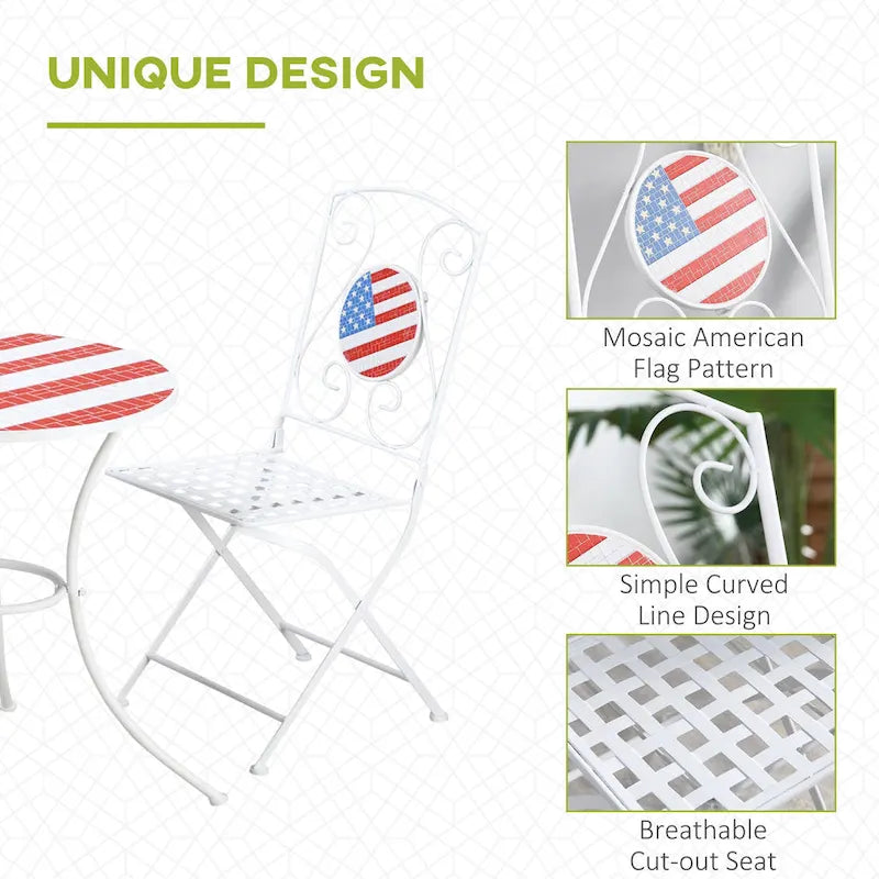 Ensemble bistro de patio Outsunny 3 pièces avec table basse et 2 chaises pliantes, plateau et dossiers de table en mosaïque avec drapeau américain