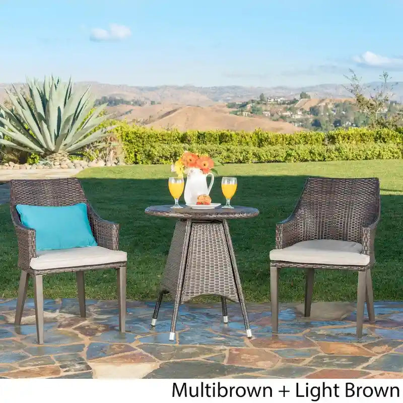 Ensemble bistro rond en résine tressée 3 pièces Hillhurst Outdoor avec trou pour parasol et coussins par Christopher Knight Home - Non disponible