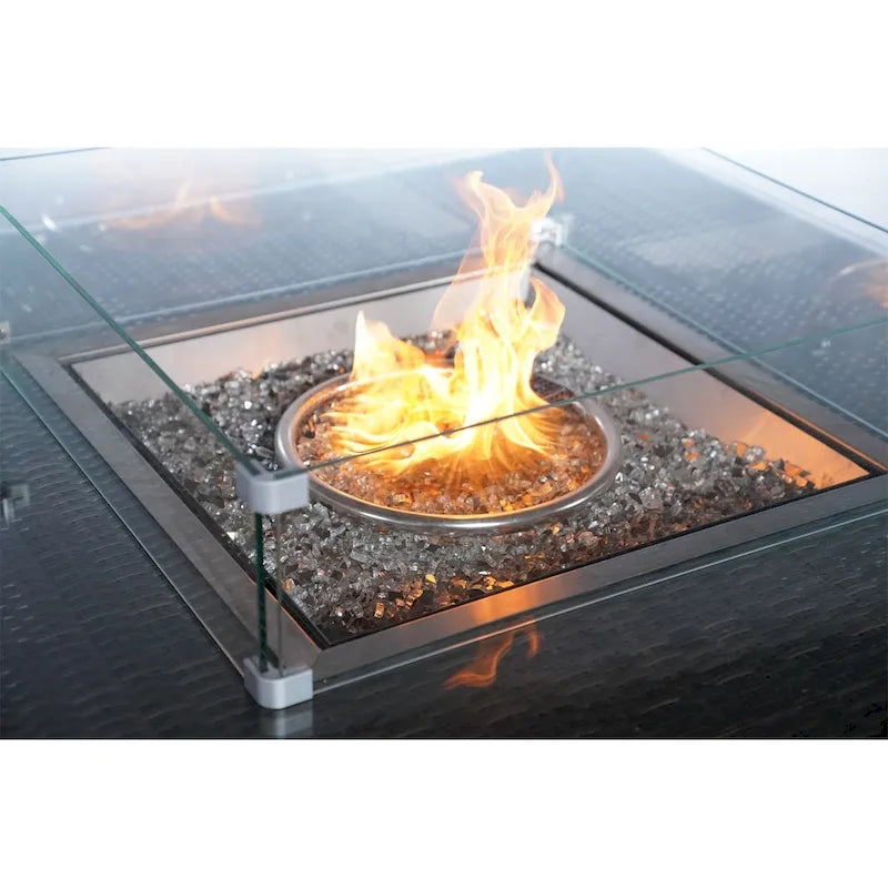 Ensemble de salle à manger d'extérieur Abrihome 5 pièces en résine tressée marron foncé avec table de foyer au gaz carrée en rotin