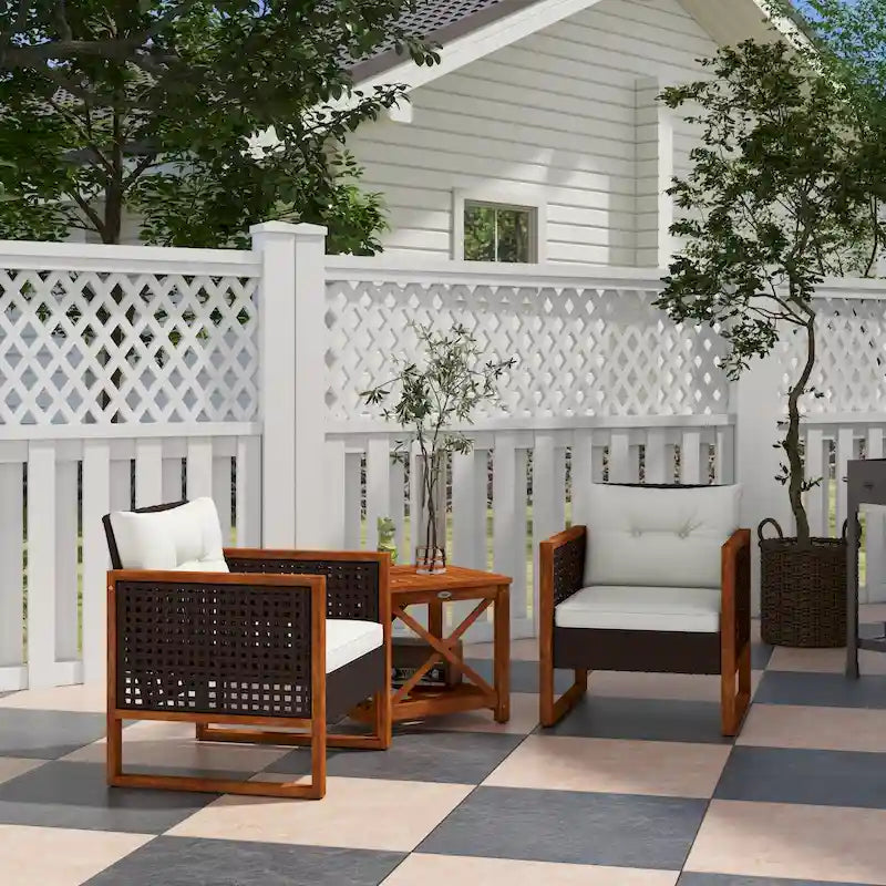 Ensemble bistro de patio Outsunny 3 pièces en bois avec coussins, mobilier de patio extérieur en résine tressée PE marron pour porche, cour, jardin