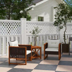 Ensemble bistro de patio Outsunny 3 pièces en bois avec coussins, mobilier de patio extérieur en résine tressée PE marron pour porche, cour, jardin