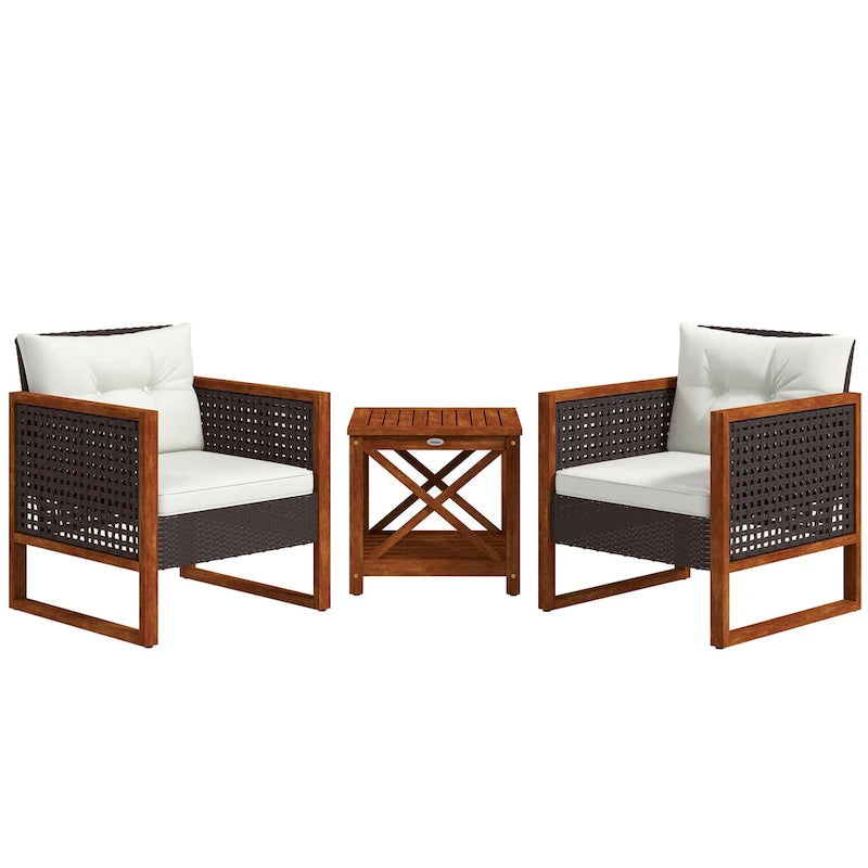 Ensemble bistro de patio Outsunny 3 pièces en bois avec coussins, mobilier de patio extérieur en résine tressée PE marron pour porche, cour, jardin