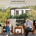 Ensemble bistro de patio Outsunny 3 pièces en bois avec coussins, mobilier de patio extérieur en résine tressée PE marron pour porche, cour, jardin