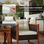 Ensemble bistro de patio Outsunny 3 pièces en bois avec coussins, mobilier de patio extérieur en résine tressée PE marron pour porche, cour, jardin