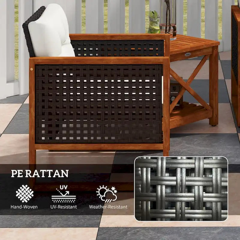 Ensemble bistro de patio Outsunny 3 pièces en bois avec coussins, mobilier de patio extérieur en résine tressée PE marron pour porche, cour, jardin