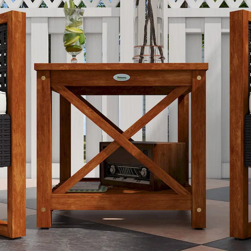 Ensemble bistro de patio Outsunny 3 pièces en bois avec coussins, mobilier de patio extérieur en résine tressée PE marron pour porche, cour, jardin