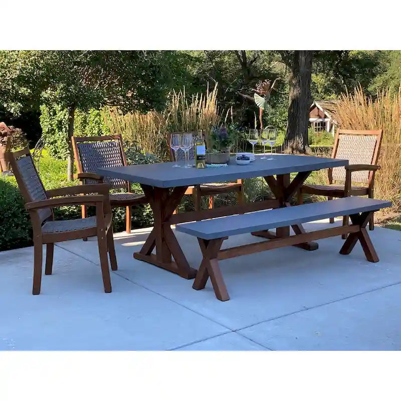 Nadine 6 pc. Eucalyptus and Composite Dining Set with Wicker Stacking Chairs