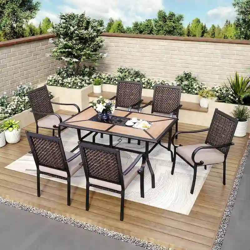 MAISON ARTS 7-piece Patio Dining Set, 6 Rattan Chairs with Cushion and 1 Table with Umbrella Hole - N/A