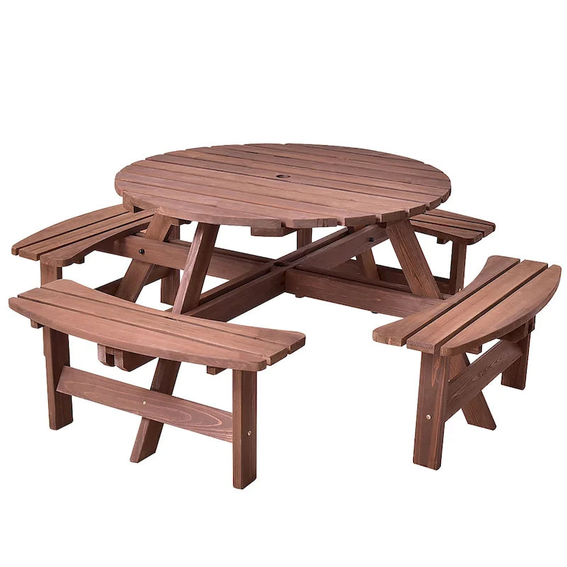 Ensemble table de pique-nique en bois pour terrasse, table ronde d'extérieur avec trou pour parasol, avec trou pour parasol.