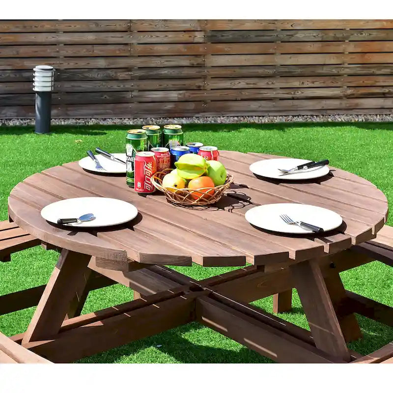 Ensemble table de pique-nique en bois pour terrasse, table ronde d'extérieur avec trou pour parasol, avec trou pour parasol.